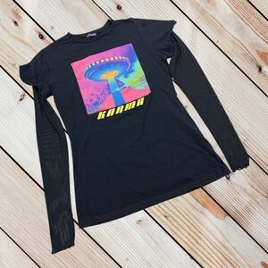 Current Mood Dolls Kill XS Karma graphic tee with sheer sleeves